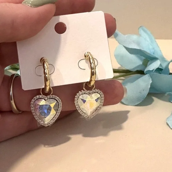 14K Gold Plated Women's Heart Drop Huggie Earrings - Picture 4 of 7